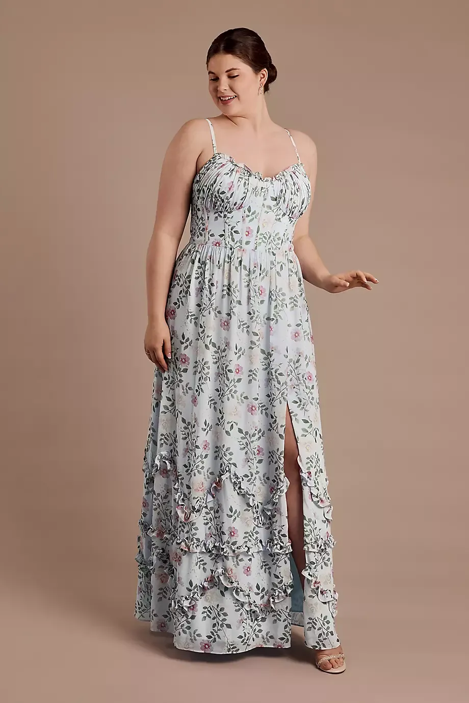 Celebrate DB Studio Ruffled Floral Chiffon Spaghetti Strap Dress in Light Blue Floral Print Size: 4 David's Bridal