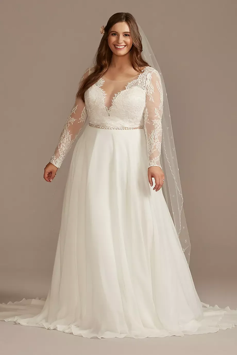 DB Studio Long Sleeve Plunge Lace Chiffon Wedding Dress in Solid Ivory Size: 24W David's Bridal