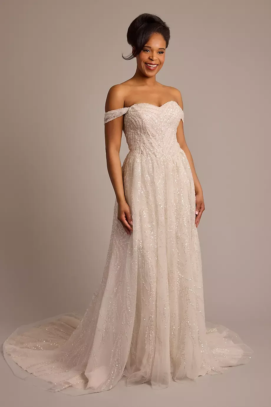 Galina Signature Off-The-Shoulder Beaded Embroidery Ball Gown in Ivory/Stone Size: 0 David's Bridal