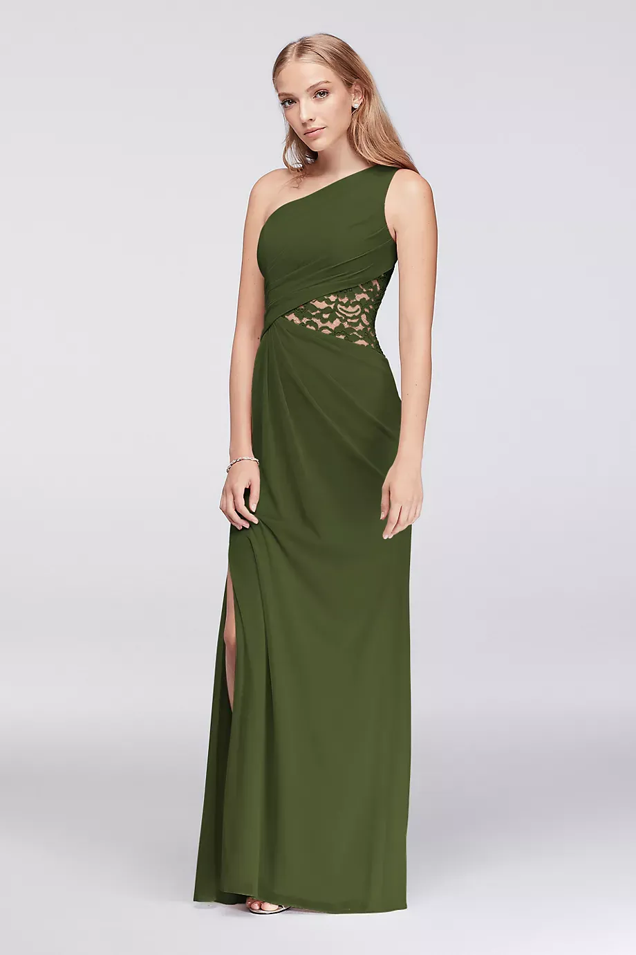 Celebrate DB Studio One-Shoulder Mesh Dress With Lace Inset in Martini Olive Size: 0 David's Bridal