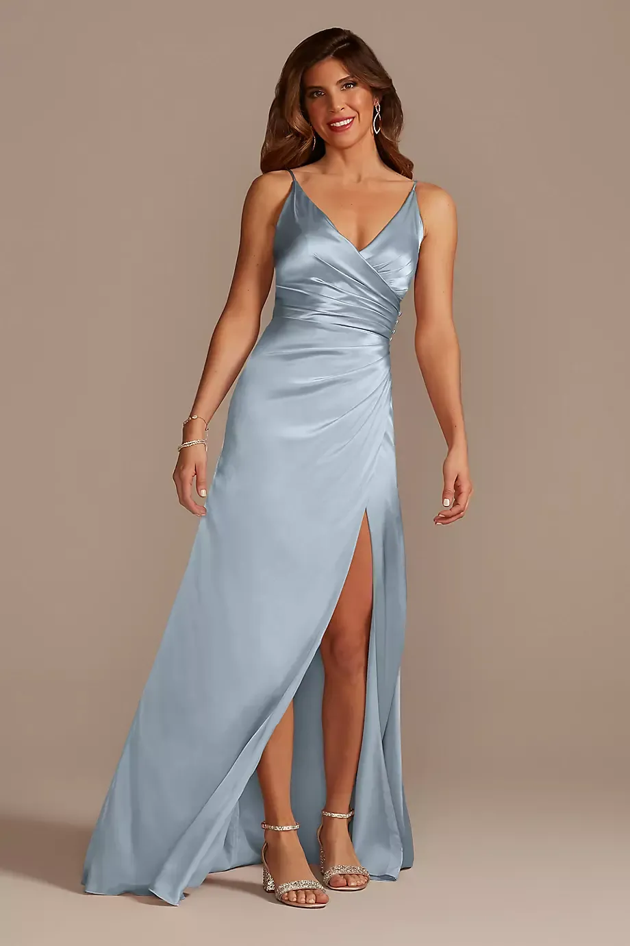 Galina Signature Charmeuse Draped Strappy Dress in Dusty Blue Size: 10 David's Bridal