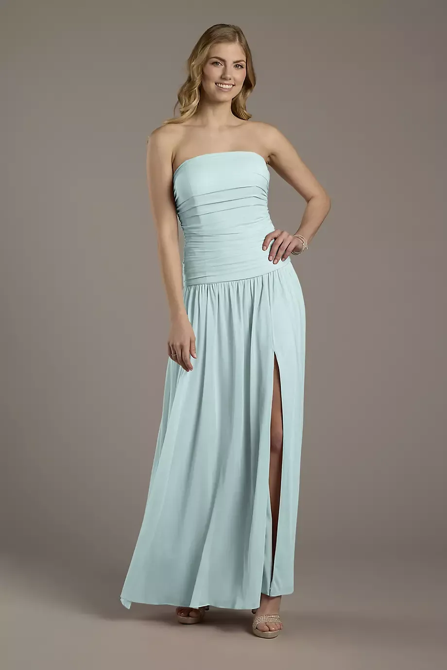 Celebrate DB Studio Mesh Strapless Drop Waist Dress in Sky Blue Size: 20 David's Bridal