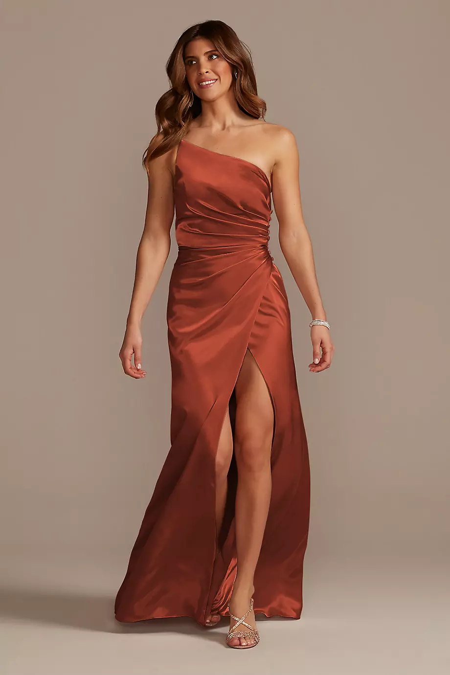 Galina Signature Tall Charmeuse One-Shoulder Dress in Cinnamon Size: 18 David's Bridal