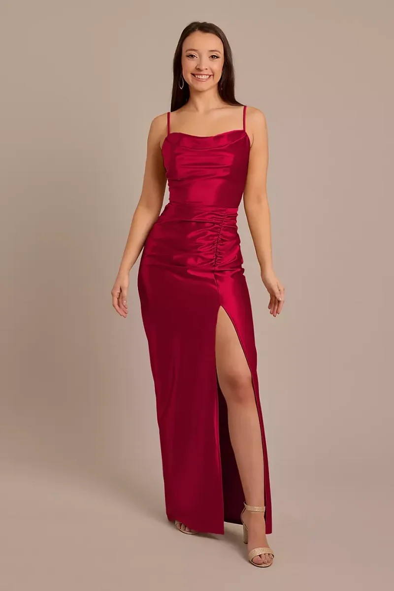 Celebrate DB Studio Sculpting Satin Cowl Neck Ruched Dress in Apple Size: 8 David's Bridal