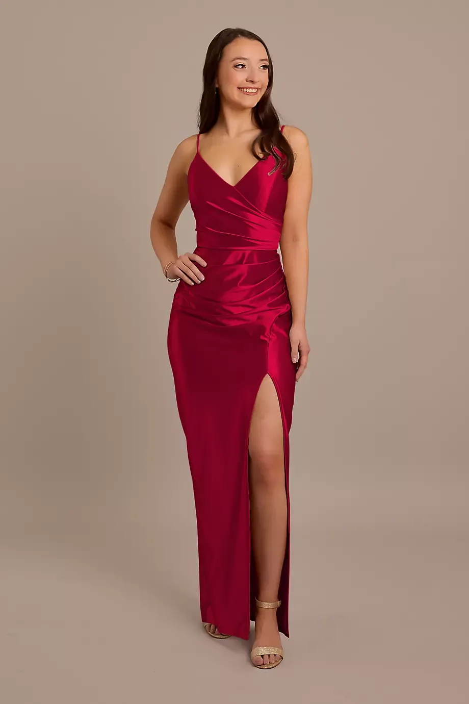 Celebrate DB Studio Sculpting Satin Spaghetti Strap Dress in Apple Size: 14 David's Bridal