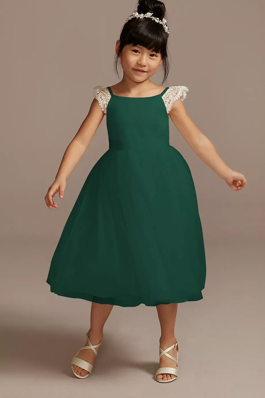 Crochet Cap Sleeve Ruffle Flower Girl Dress in Ivory/Juniper Size: 18M David's Bridal