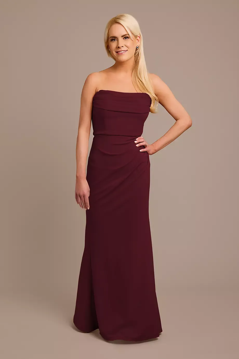 Celebrate DB Studio Stretch Crepe Strapless Cowl Neck Dress in Wine Size: 18 David's Bridal