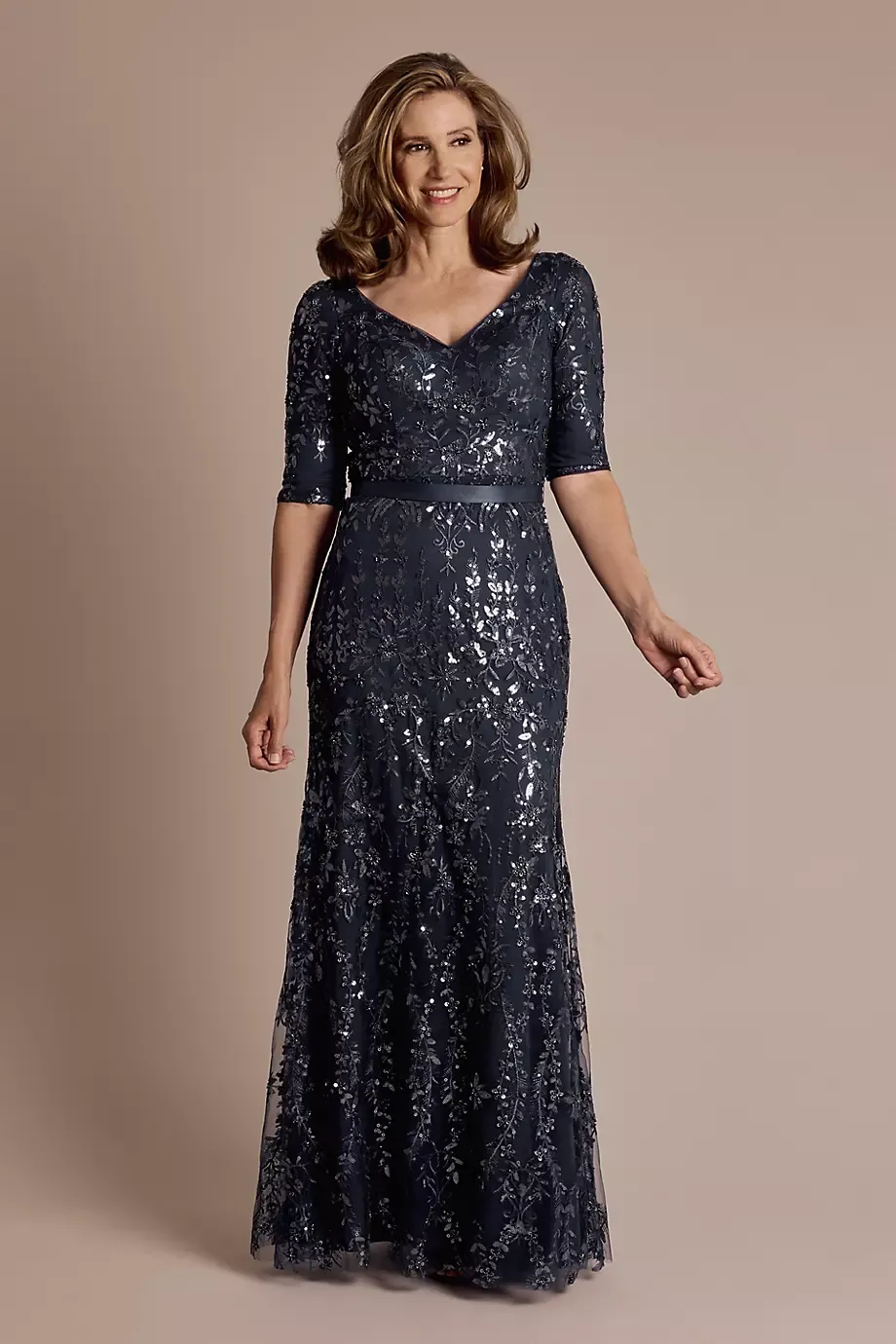 Oleg Cassini Beaded Sequin Lace Dress With Elbow-Length Sleeves in Navy Size: 10 David's Bridal