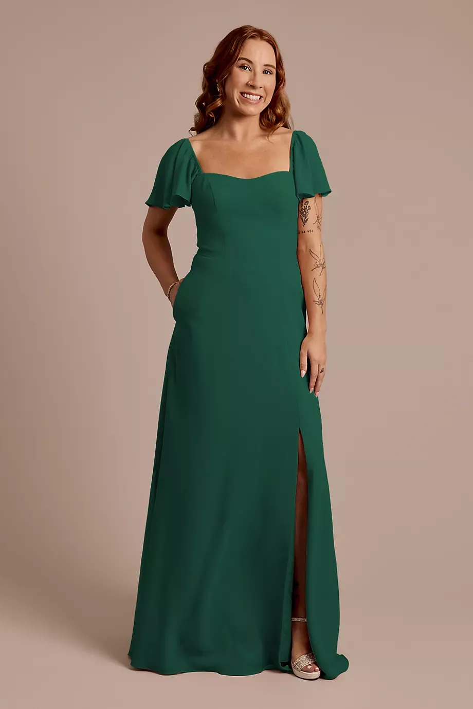 Celebrate DB Studio Chiffon Flutter Sleeve Dress With Basque Waist in Juniper Size: 18 David's Bridal