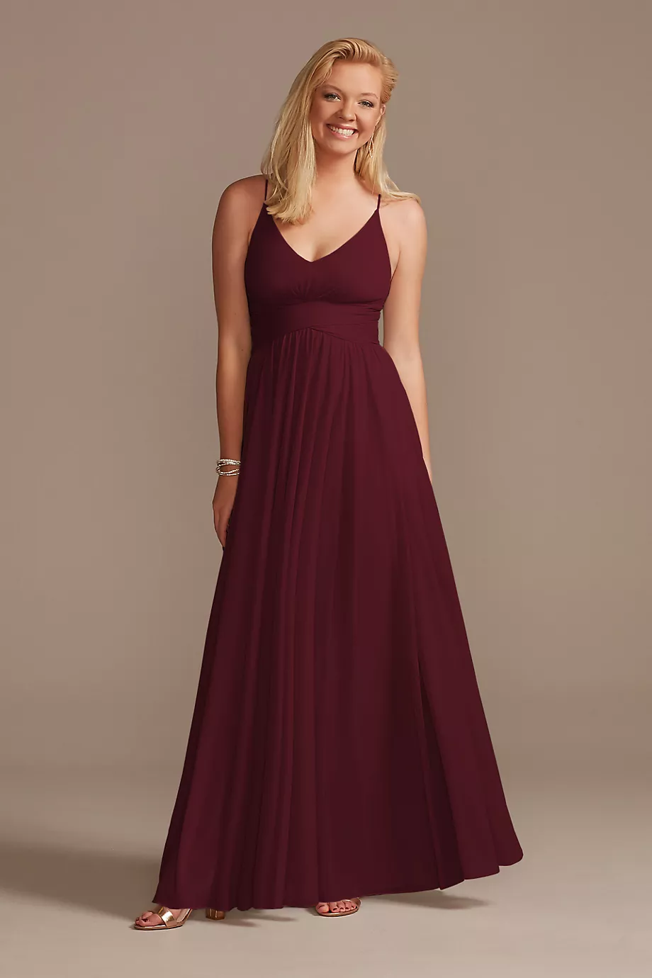 Celebrate DB Studio Mesh Cross Waist Spaghetti Strap Dress in Wine Size: 4 David's Bridal