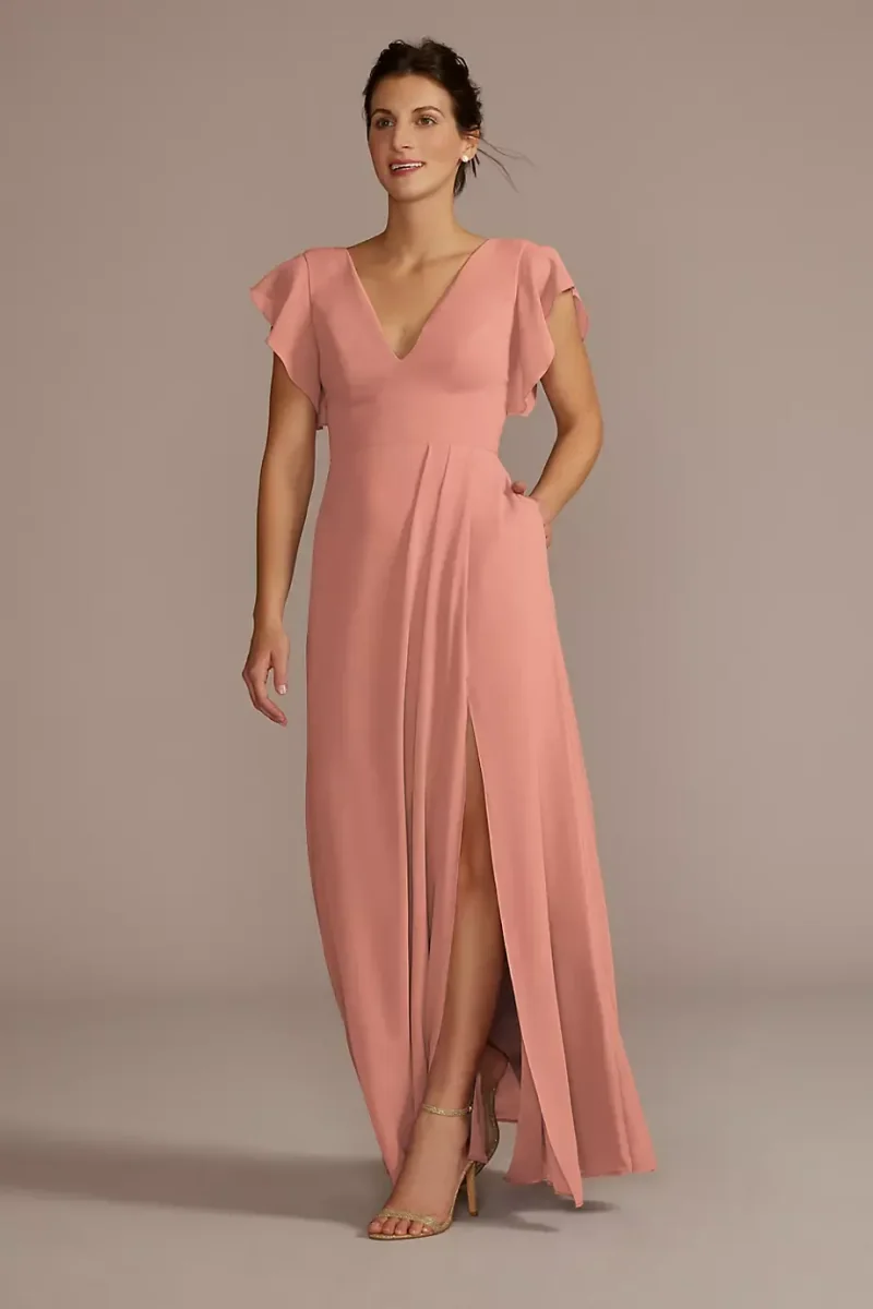 Celebrate DB Studio Flutter Sleeve Chiffon V-Neck Dress in Desert Coral Size: 26 David's Bridal