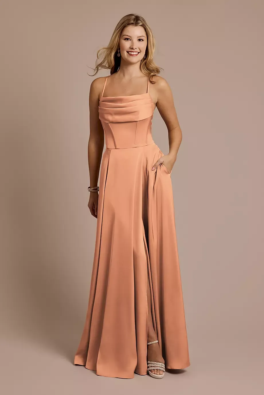 Galina Signature Matte Satin Cowl Neck Spaghetti Strap A-Line Dress in Terracotta Size: 28 David's Bridal