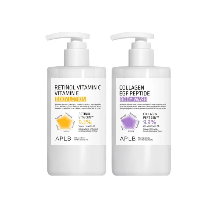 APLB - Retinol Vitamin C Vitamin E Body Lotion - 300ml (1ea) & Collagen EGF Peptide Body Wash - 300ml (1ea) Set
