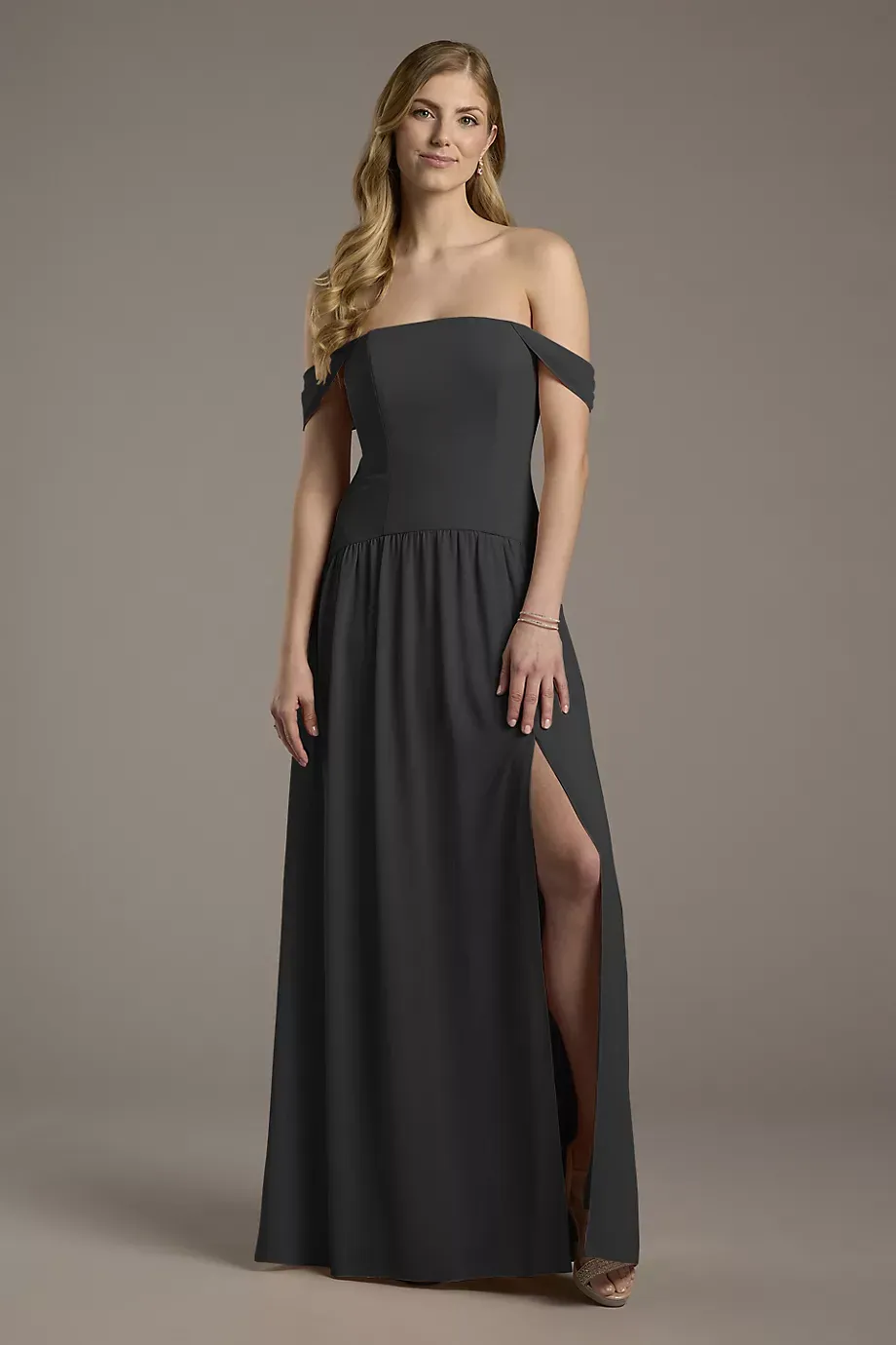 Celebrate DB Studio Chiffon Curved Drop Waist Off-The-Shoulder Dress in Black Size: 0 David's Bridal