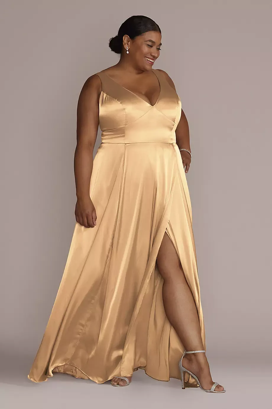 Galina Signature Charmeuse Tank V-Neck Dress With Slit in Golden Size: 26 David's Bridal