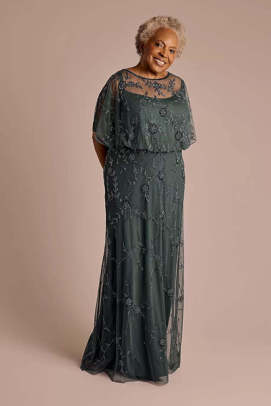 Oleg Cassini Allover Beaded Blouson Sleeve A-Line Dress in Teal Size: 22W David's Bridal