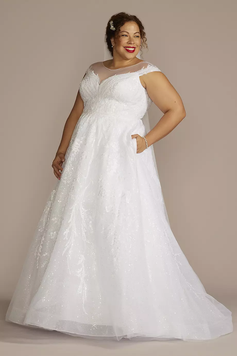 Oleg Cassini Cap Sleeve V-Back Beaded Ball Gown Wedding Dress in Solid White Size: 26W David's Bridal
