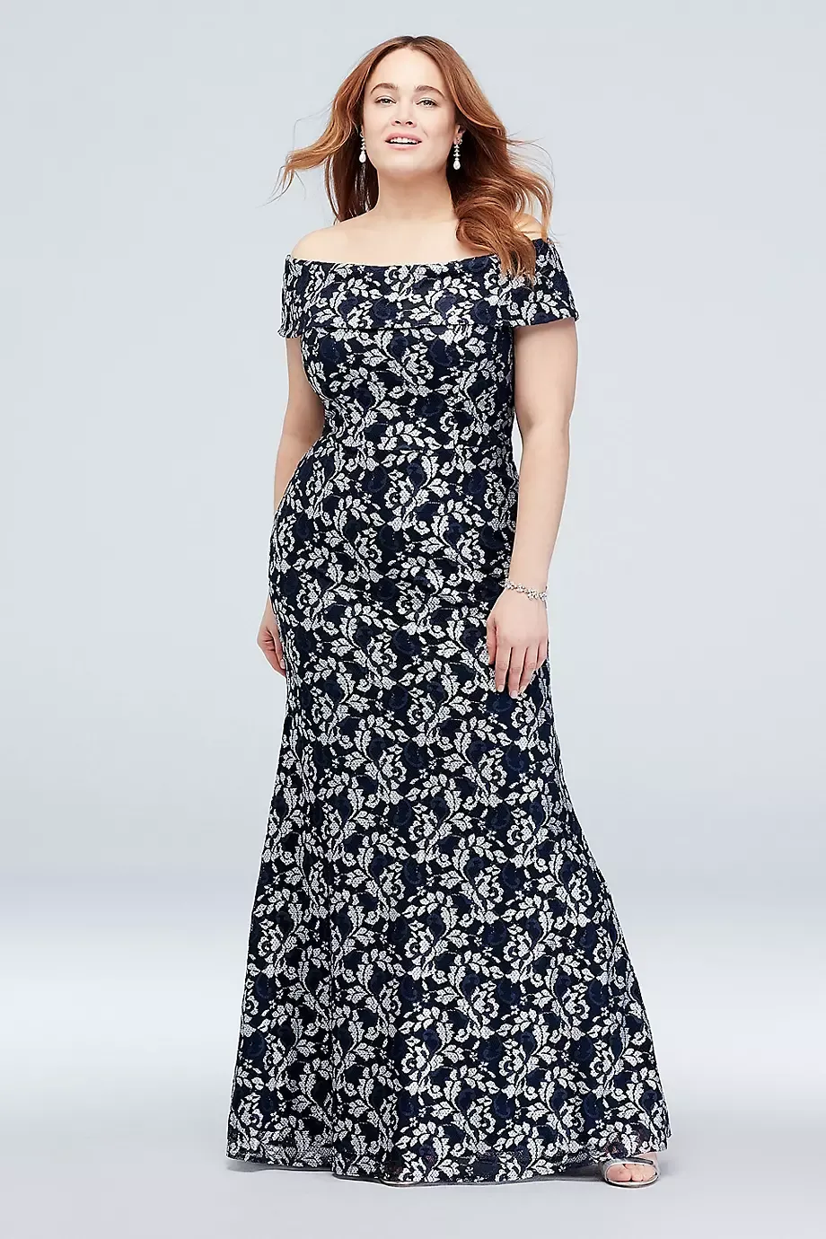Betsy and Adam Off The Shoulder Popover Lace Plus Size Gown in Navy/Silver Size: 18 David's Bridal