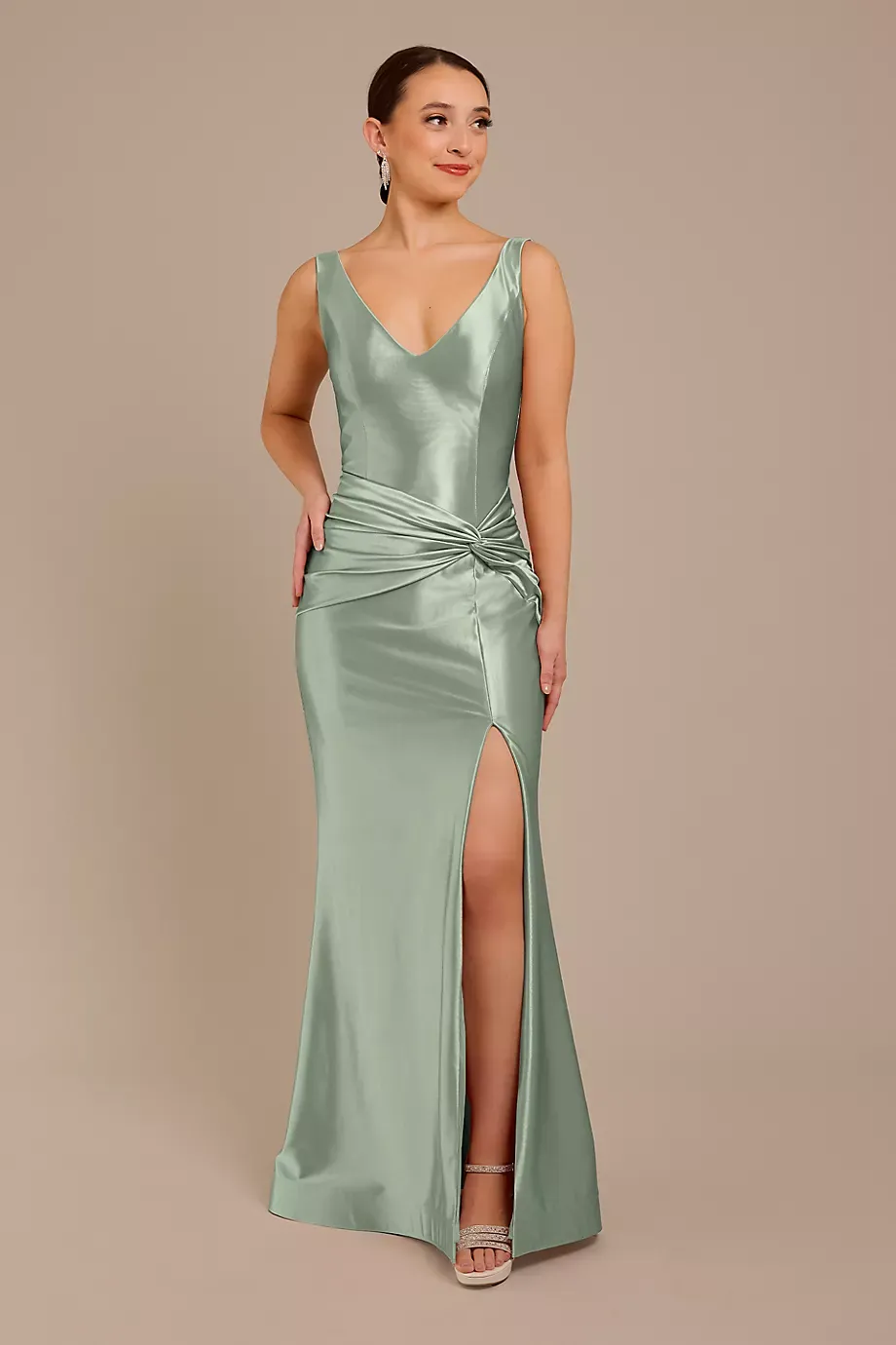 Galina Signature Sculpting Satin Tank Knot Dress in Dusty Sage Size: 4 David's Bridal