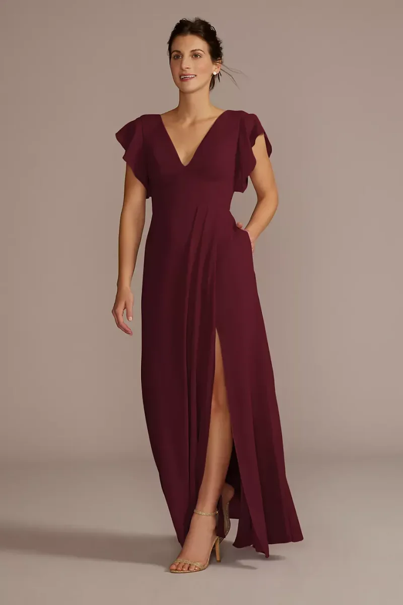 Celebrate DB Studio Flutter Sleeve Chiffon V-Neck Dress in Wine Size: 12 David's Bridal