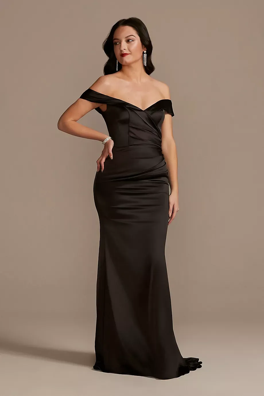 Galina Signature Tall Satin Off-Shoulder Mermaid Dress in Black Size: 26 David's Bridal