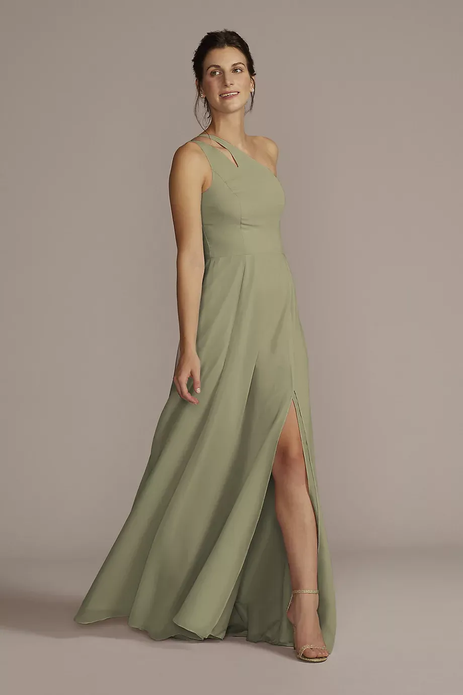 Celebrate DB Studio Tall Chiffon One-Shoulder Cutout Dress in Eucalyptus Size: 14 David's Bridal