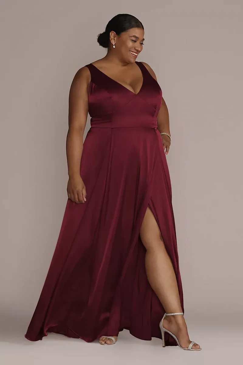 Galina Signature Charmeuse Tank V-Neck Dress With Slit in Wine Size: 14 David's Bridal