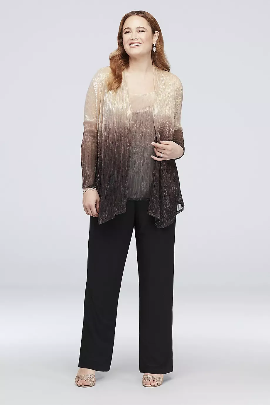 Onyx Crinkled Ombre Plus Size Three-Piece Pantsuit in Black/Gold Size: 18W David's Bridal