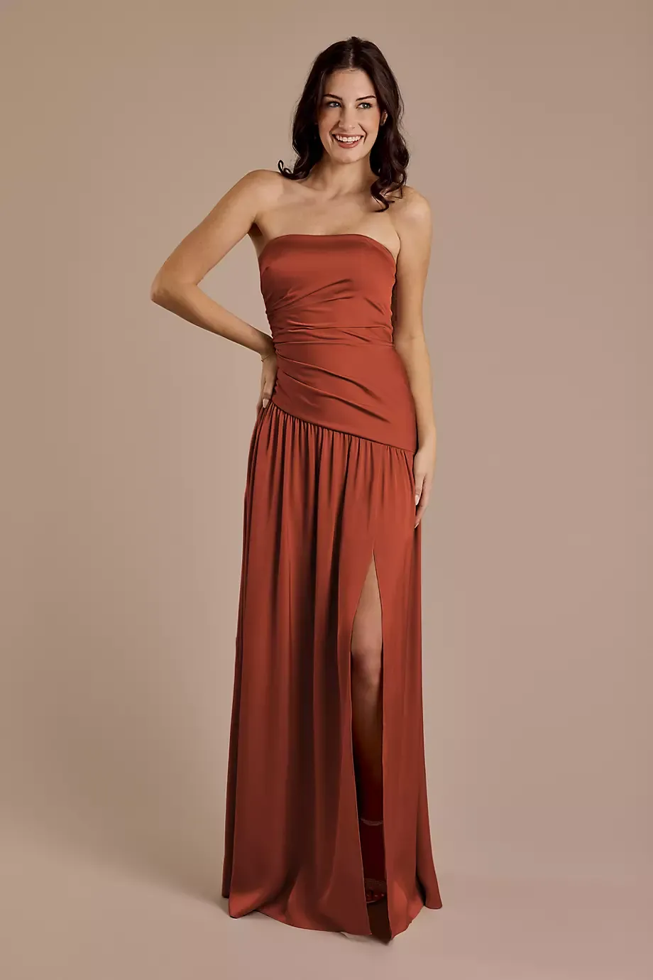 Galina Signature Matte Satin Strapless Drop Waist Dress in Cinnamon Size: 6 David's Bridal