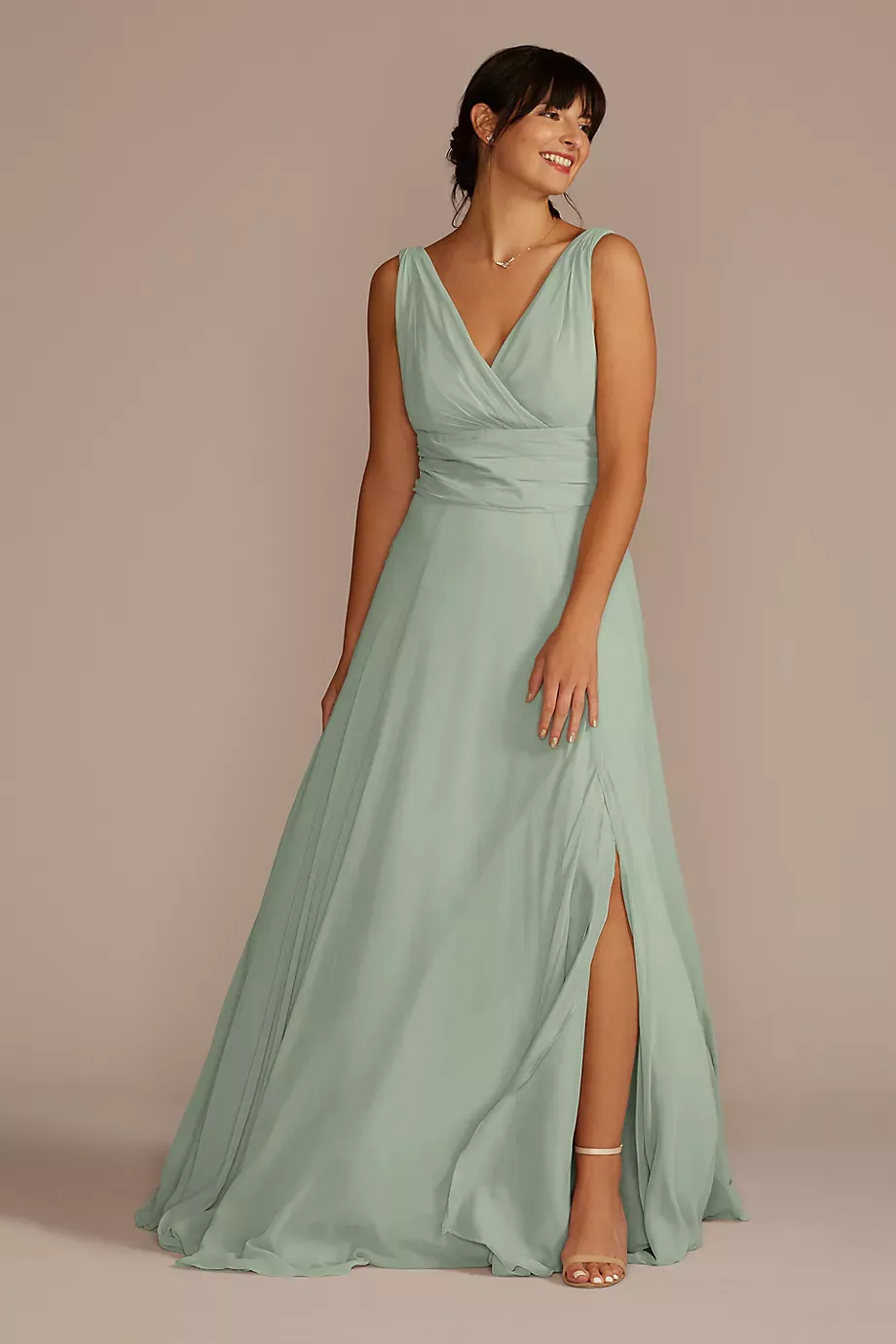 Celebrate DB Studio Long Chiffon Surplice Tank Dress in Dusty Sage Size: 18 David's Bridal