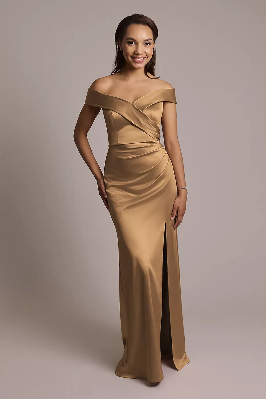 Celebrate DB Studio Sculpting Satin Cross-Front Dress in Latte Size: 6 David's Bridal
