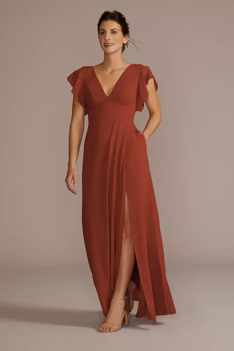 Celebrate DB Studio Tall Flutter Sleeve Chiffon Dress in Cinnamon Size: 8 David's Bridal