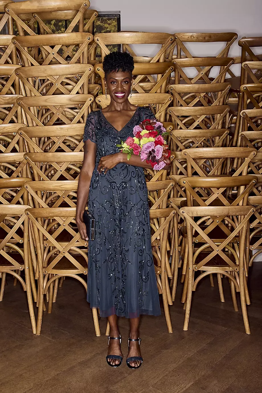 Oleg Cassini Allover Beaded Short Sleeve Midi Dress in Navy Size: 12 David's Bridal