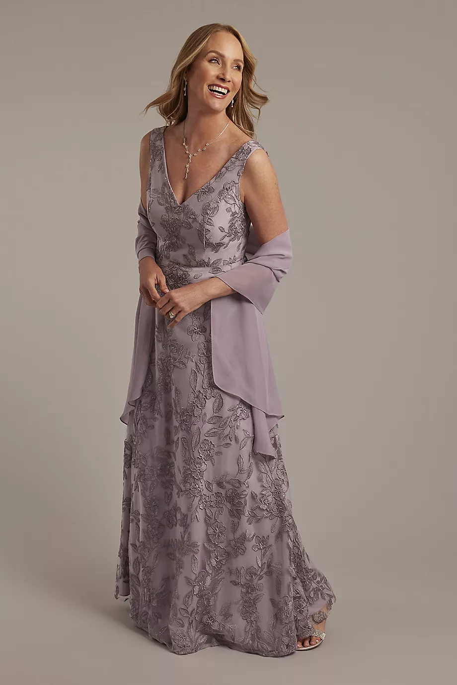Oleg Cassini Embroidered A-Line Tank Dress With Chiffon Wrap in Lavender Haze Size: 2 David's Bridal