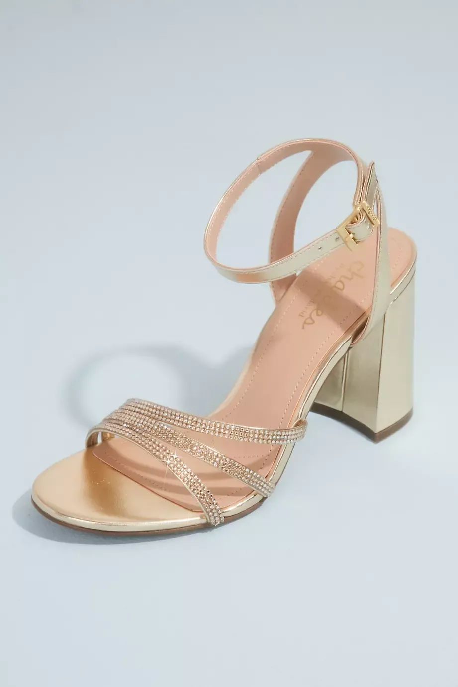 Charles By Charles David Metallic Rhinestone Embellished Block Heel Sandals in Light Gold Size: 6 David's Bridal