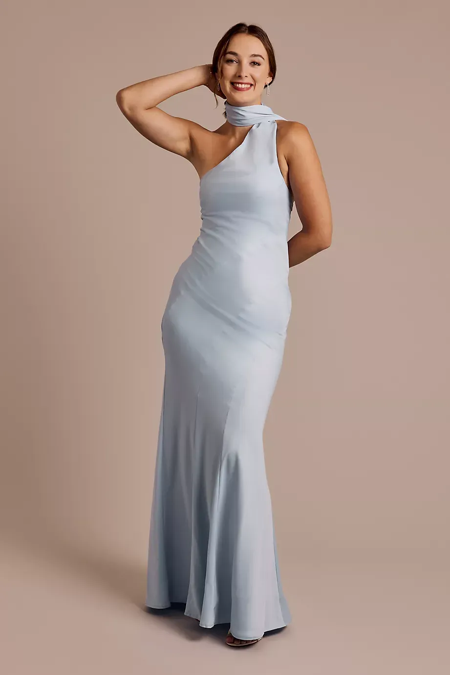 Crystal Doll One-Shoulder Satin Scarf Slip Dress in Chambray Size: 11 David's Bridal