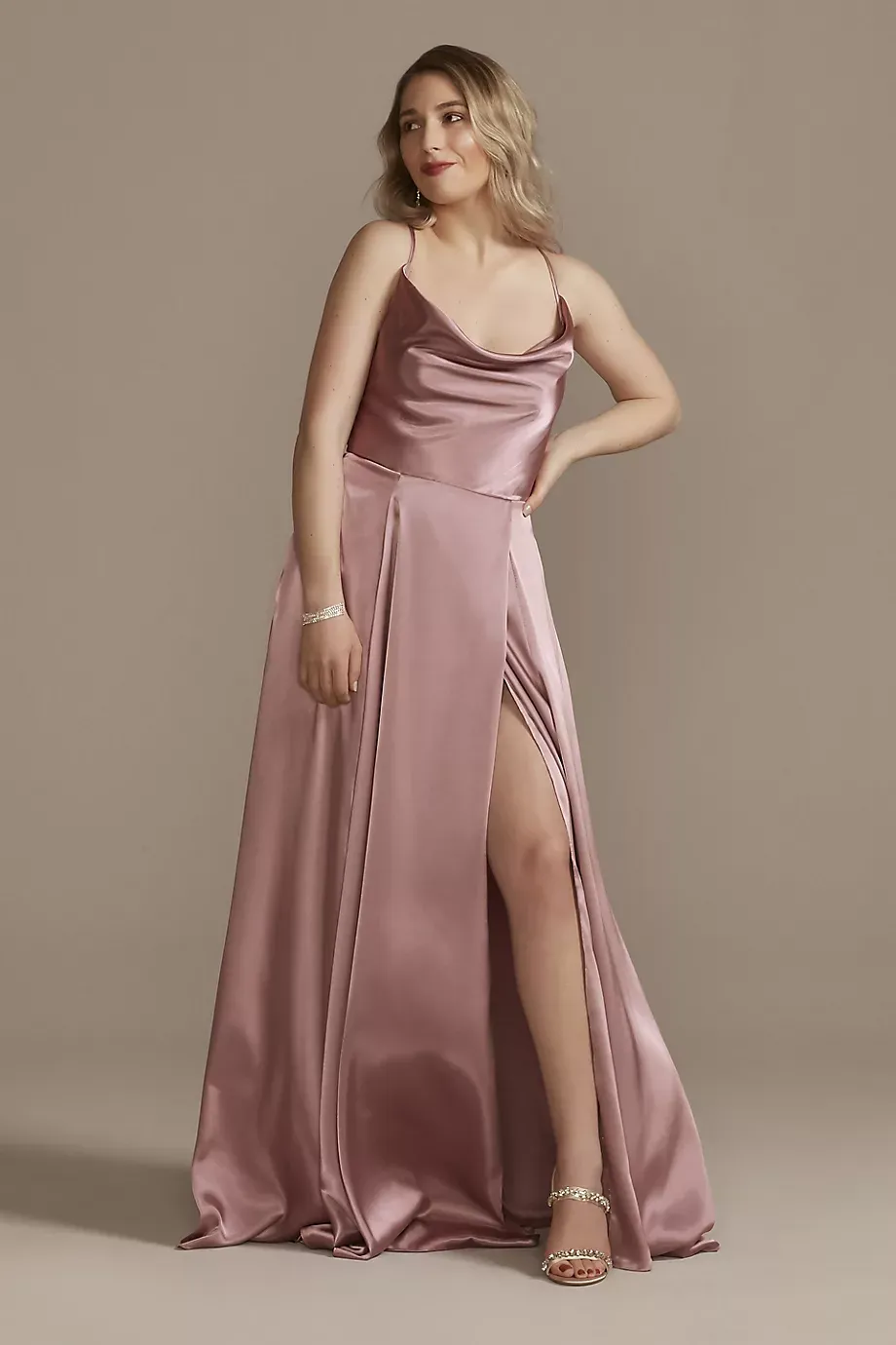 Galina Signature Charmeuse Cowl Dress With Lace-Up Back in Quartz Size: 26 David's Bridal