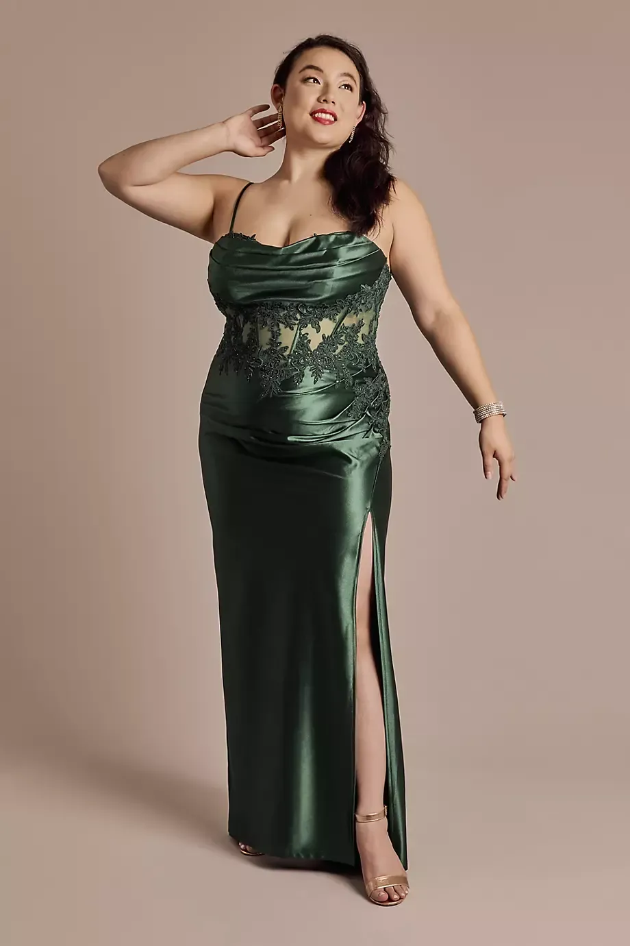 Galina Signature Sculpting Satin Dress With Sheer Corset Bodice in Juniper Size: 20 David's Bridal