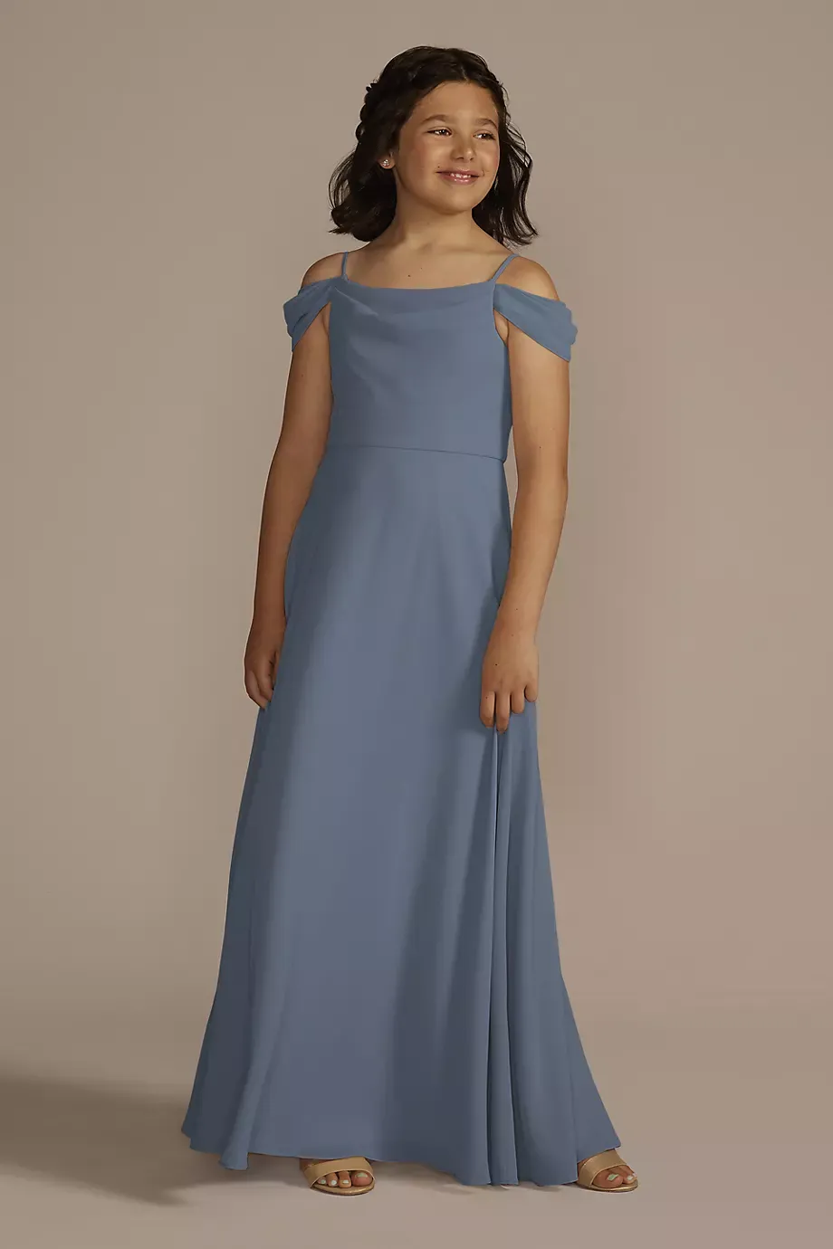 Celebrate DB Studio Chiffon Swag Sleeve Junior Bridesmaid Dress in Steel Blue Size: 8 David's Bridal