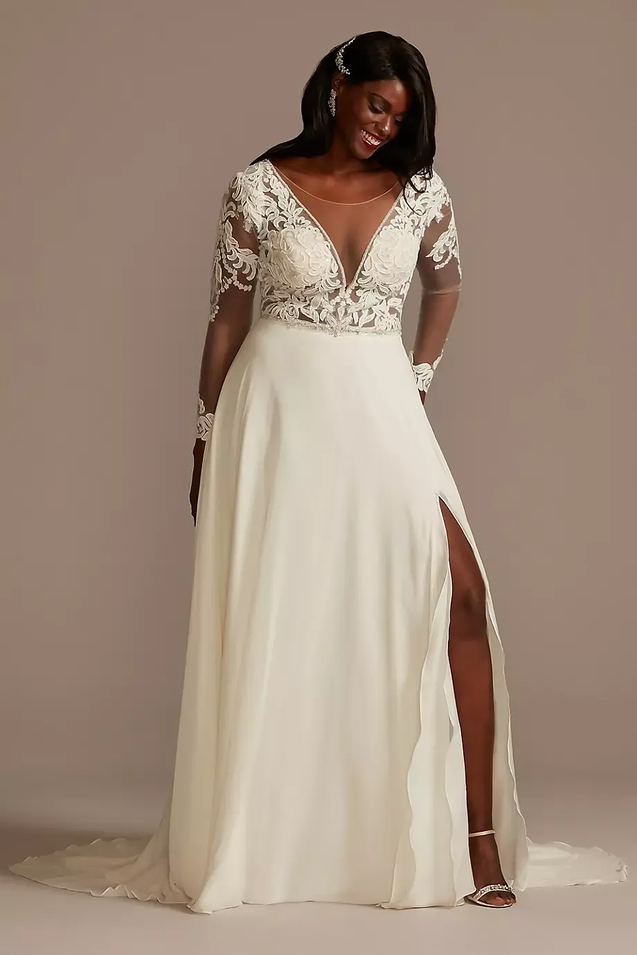 Galina Signature Applique Illusion Chiffon Plus Size Wedding Dress in Ivory Size: 26W David's Bridal