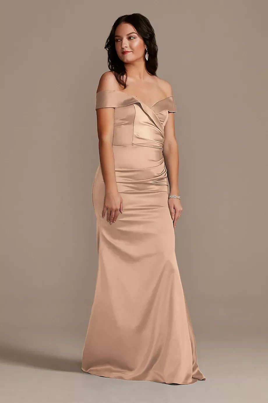Galina Signature Tall Satin Off-Shoulder Mermaid Dress in Sand Size: 10 David's Bridal