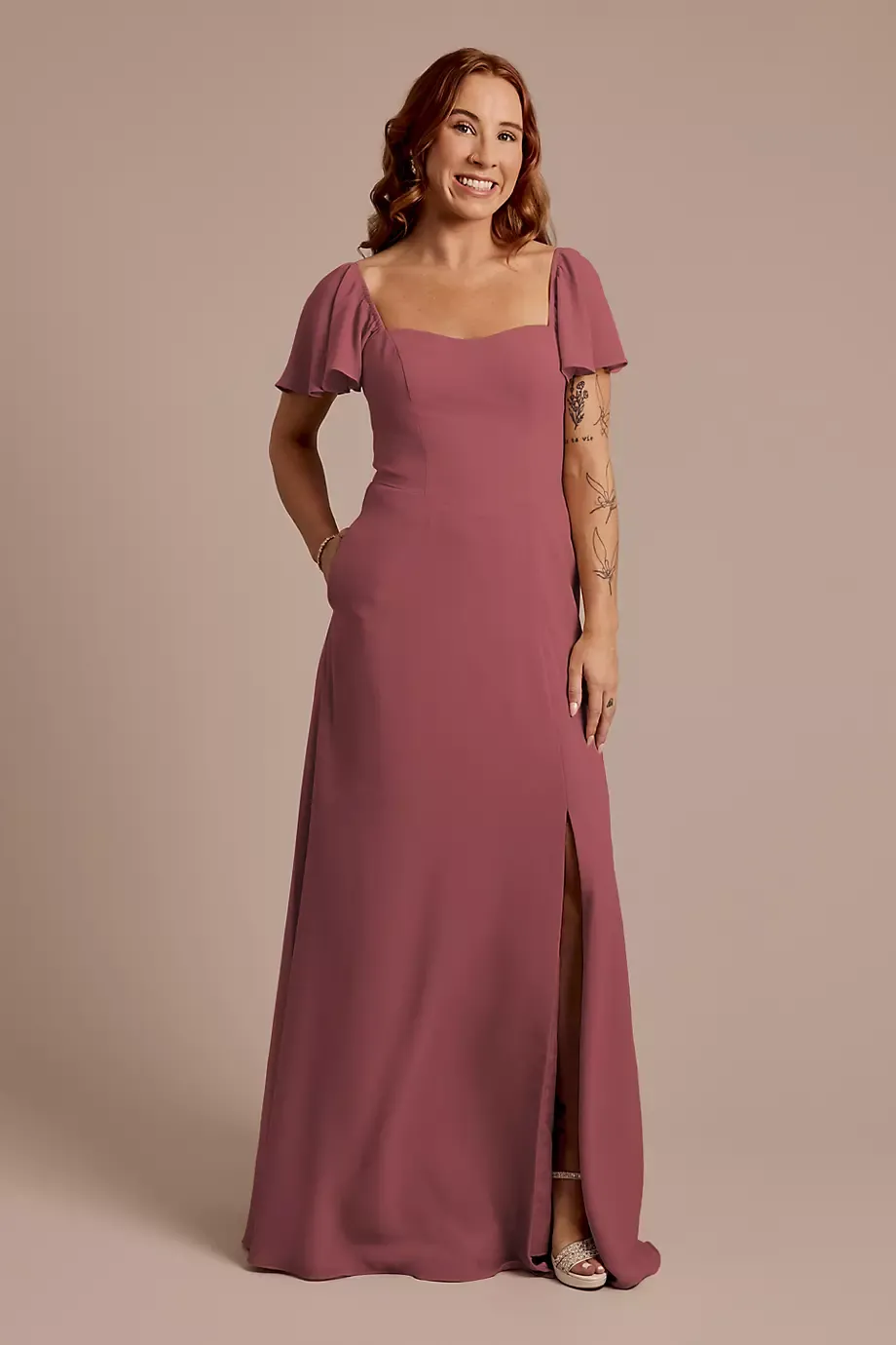 Celebrate DB Studio Chiffon Flutter Sleeve Dress With Basque Waist in Chianti Size: 18 David's Bridal