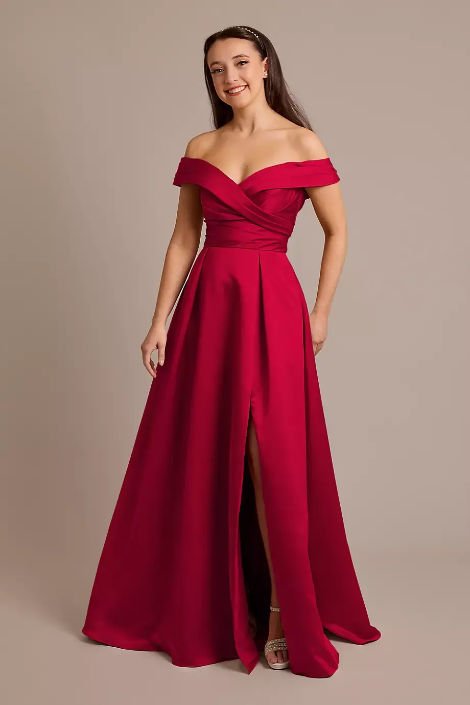 Celebrate DB Studio Satin Off-The-Shoulder Ball Gown Dress in Apple Size: 0 David's Bridal