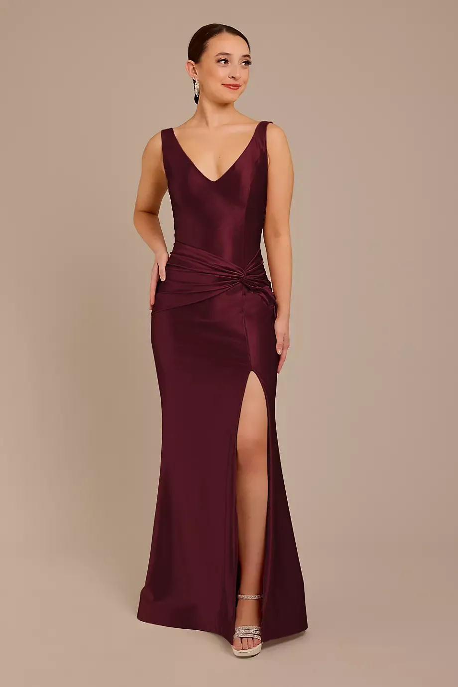 Galina Signature Sculpting Satin Tank Knot Dress in Wine Size: 6 David's Bridal