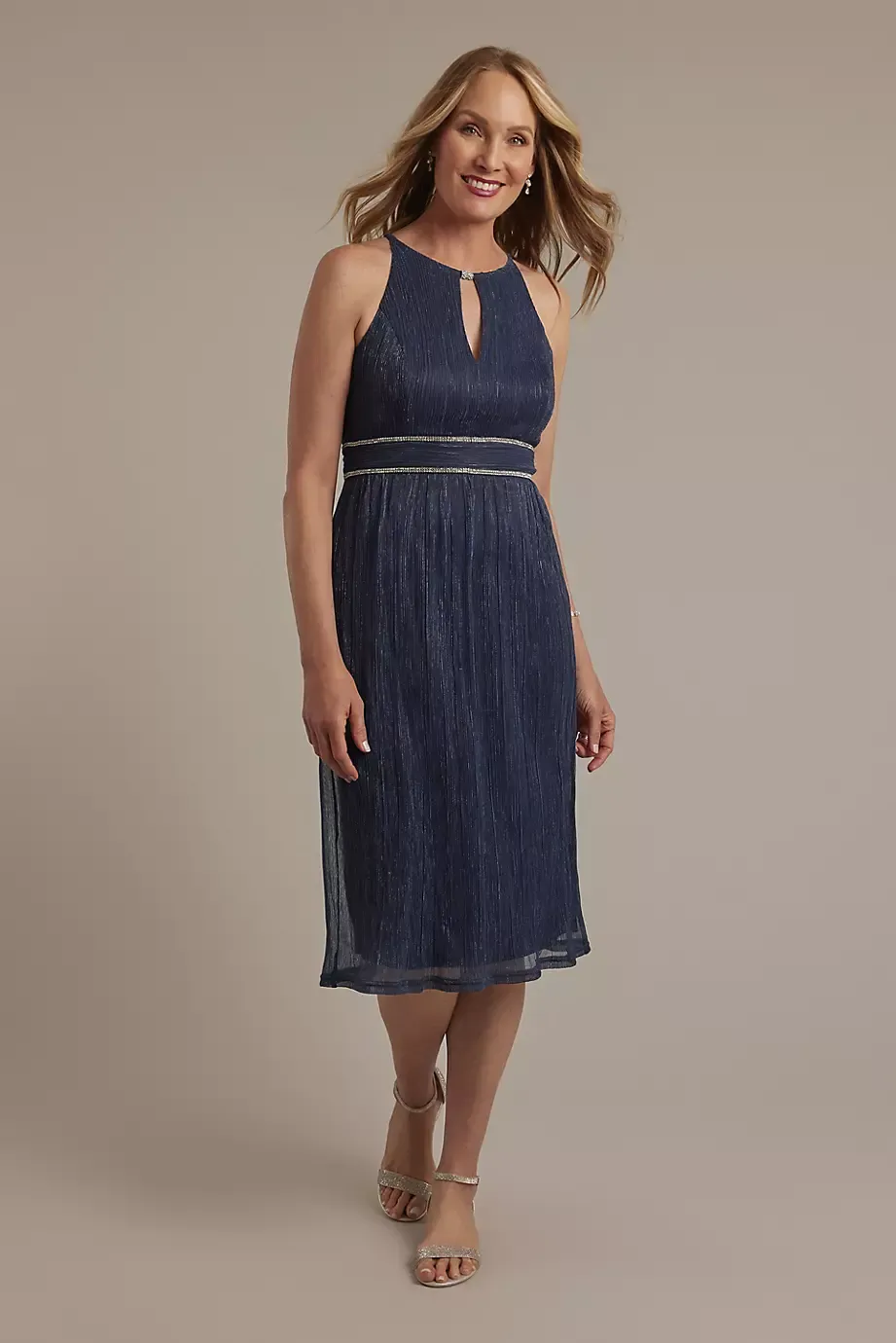 Oleg Cassini Short Metallic Sheath Dress With Keyhole Neckline in Navy Size: 4 David's Bridal