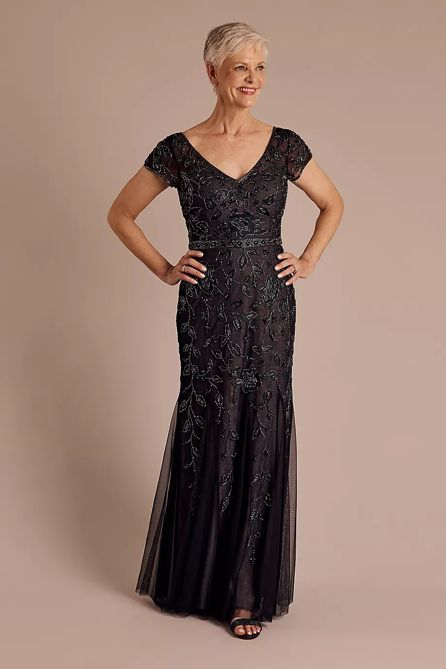 Oleg Cassini Short Sleeve Allover Beaded Sheath Dress in Navy Size: 12 David's Bridal