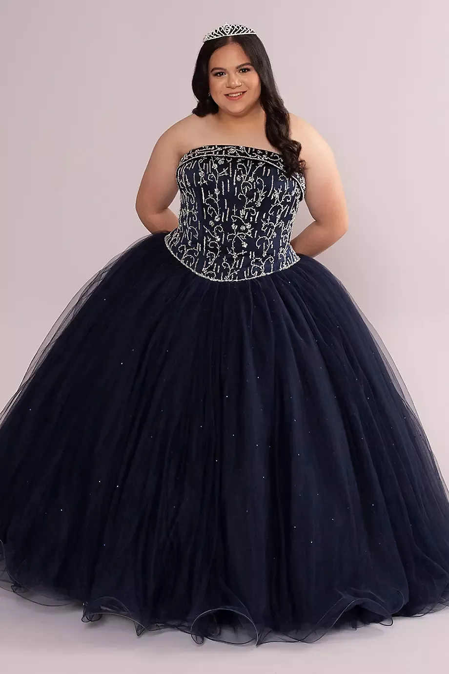 Plus Beaded And Satin Tulle Strapless Quince Dress in Navy/Silver Size: 18 David's Bridal