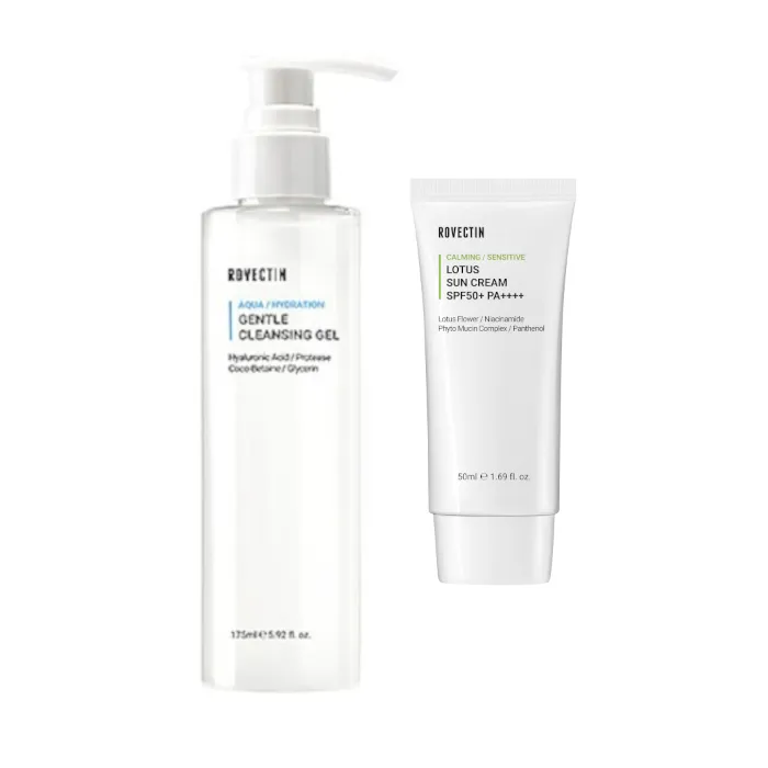 ROVECTIN - Aqua Gentle Cleansing Gel - 175ml + Calming Lotus Sun Cream SPF50+ PA++++ - 50ml Set