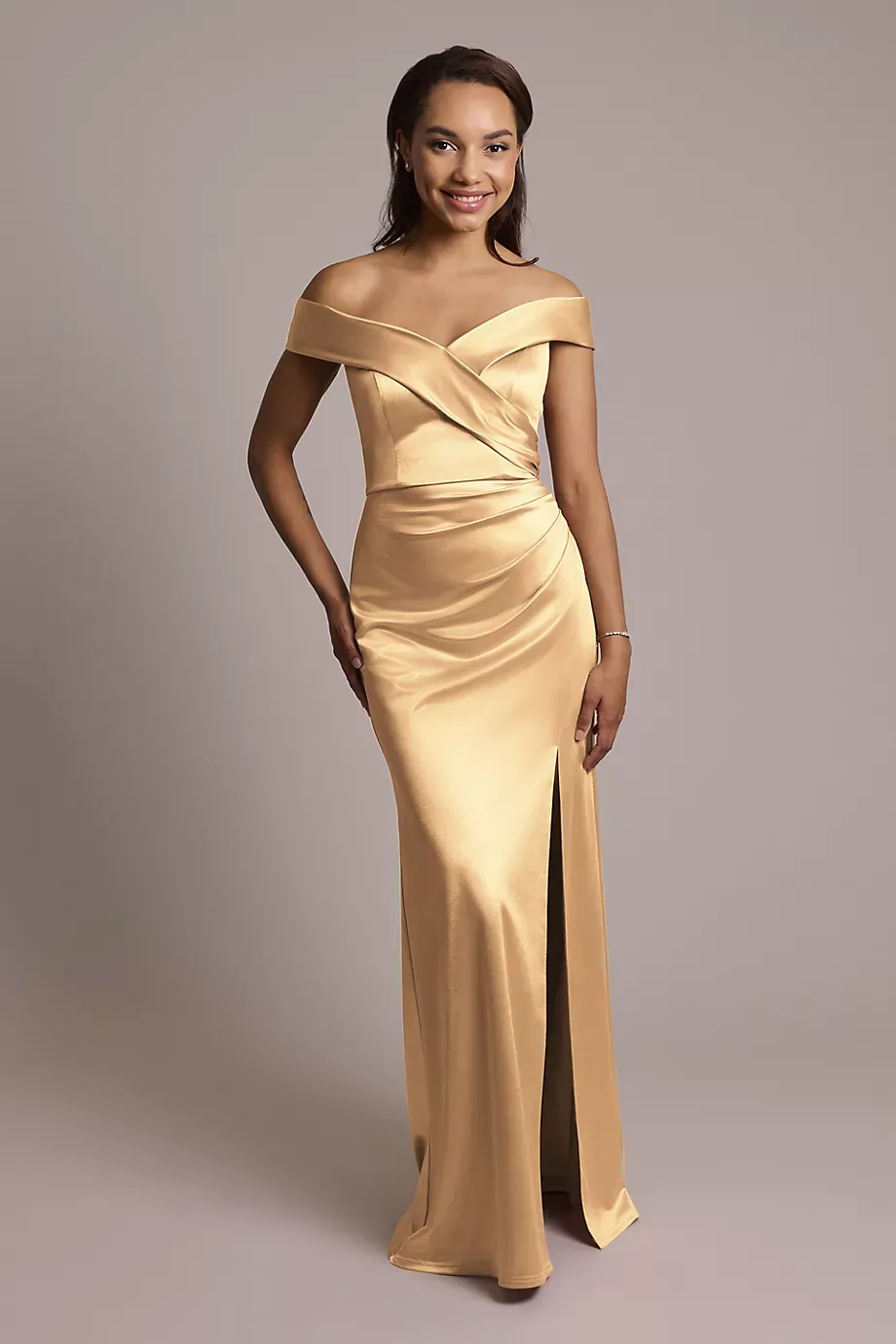 Celebrate DB Studio Sculpting Satin Cross-Front Dress in Golden Size: 18 David's Bridal