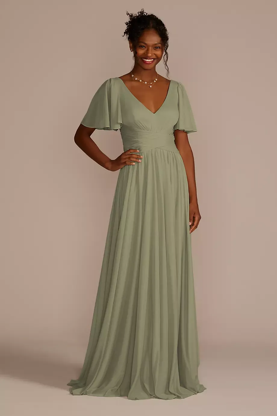 Celebrate DB Studio Flutter Sleeve Crisscross Mesh Bridesmaid Dress in Eucalyptus Size: 20 David's Bridal